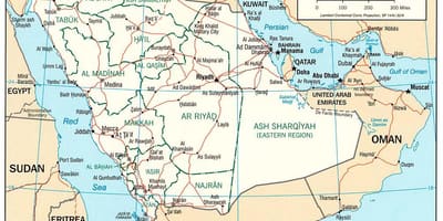 Peta Arab Saudi dengan nama kota